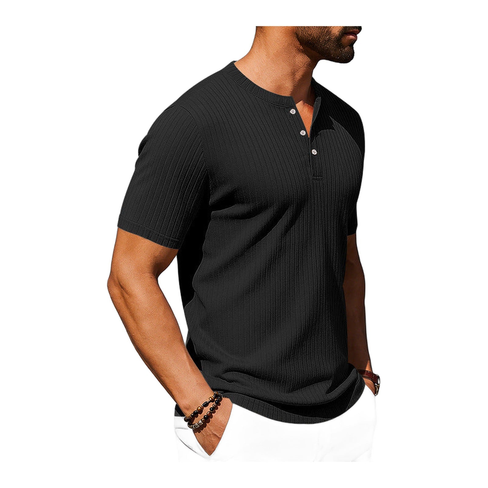 Ribbed Short Sleeve Henley Shirt