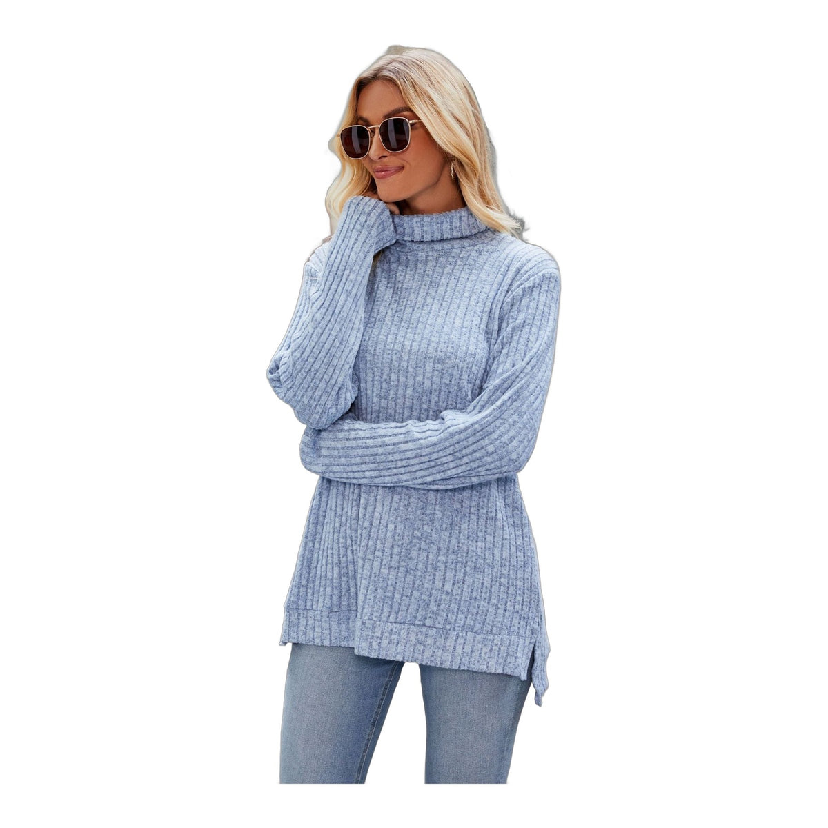 Ribbed High Neck Split Hem Top