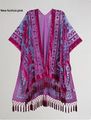 Fashionable Bohemian Style Velvet Long Handmade Fringed Shawl