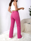 Women's High Waist Hot Pink Wide Leg Jeans, Casual Straight Leg Solid Color Denim Pants Streetwear