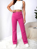 Women's High Waist Hot Pink Wide Leg Jeans, Casual Straight Leg Solid Color Denim Pants Streetwear