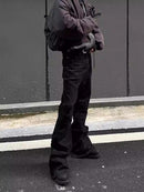 American-style Raw-edge Slim-fit Pleated Slightly Flared Denim Jeans