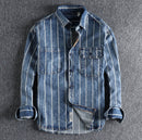 New Washed-and-distressed American-style Loose-fitting Striped Long-sleeve Shirt