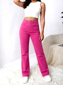 Women's High Waist Hot Pink Wide Leg Jeans, Casual Straight Leg Solid Color Denim Pants Streetwear