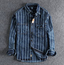 New Washed-and-distressed American-style Loose-fitting Striped Long-sleeve Shirt