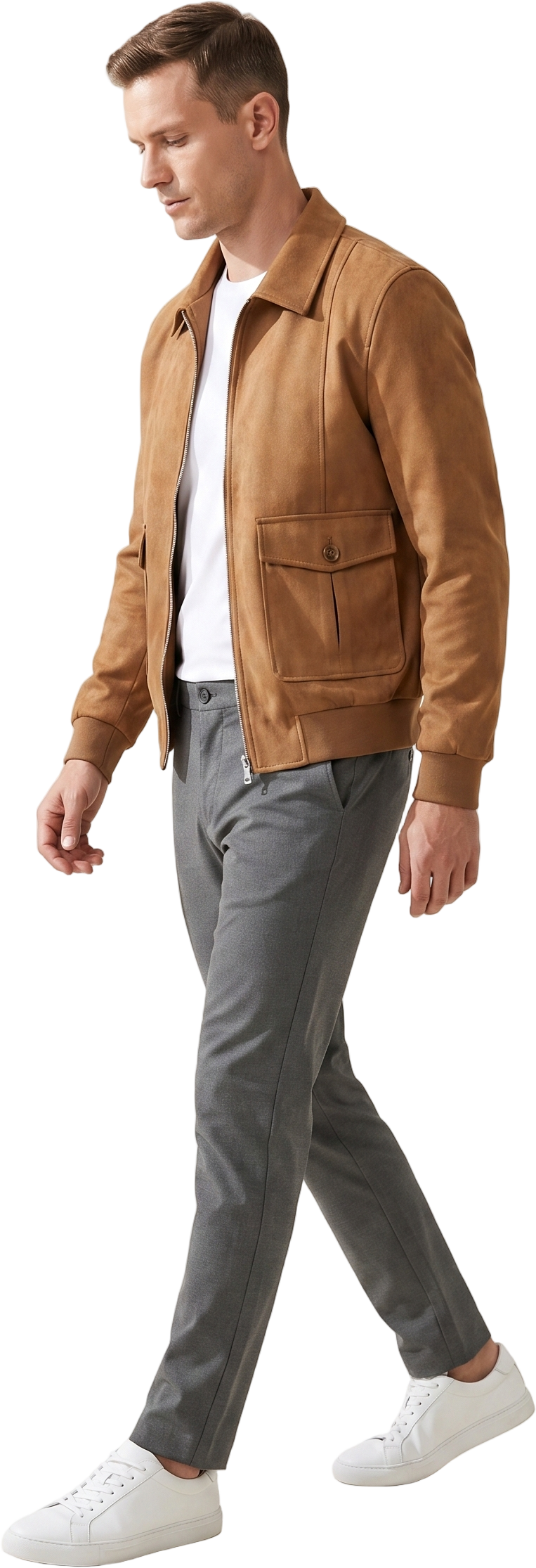 Suede Harrington bomber jacket with tapered chinos